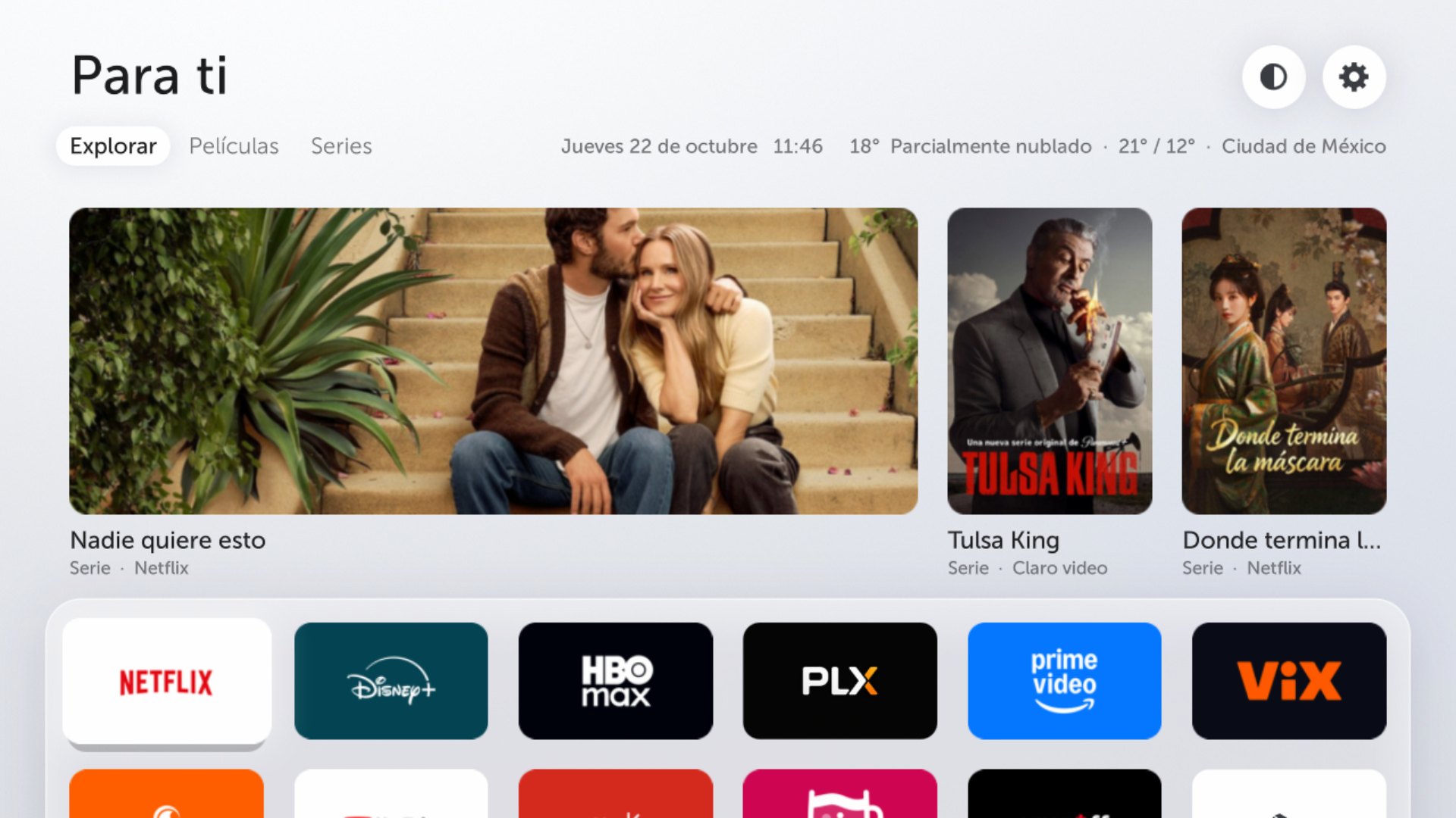 The LGlow home: a For you row with three trending titles, date, time and weather, and one row of big app tiles